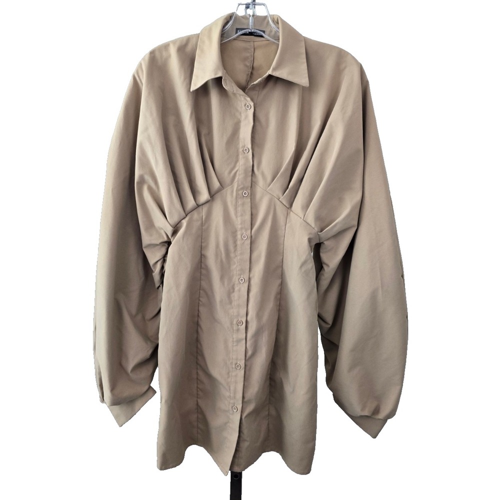 Shein Rouch Collared Button up Ballon Sleeve Women Top Beige XS